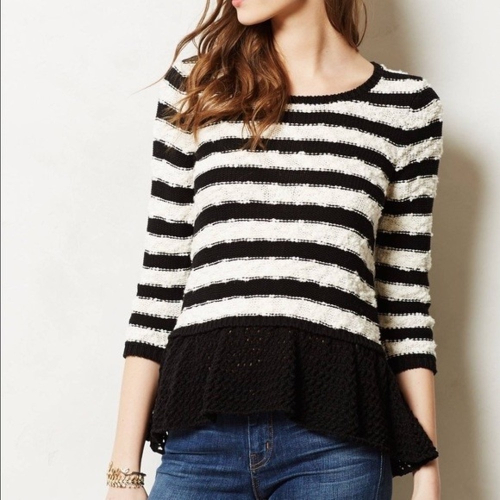 Knitted & Knotted Large Peplum Striped Knit Sweater Black White Anthropologie